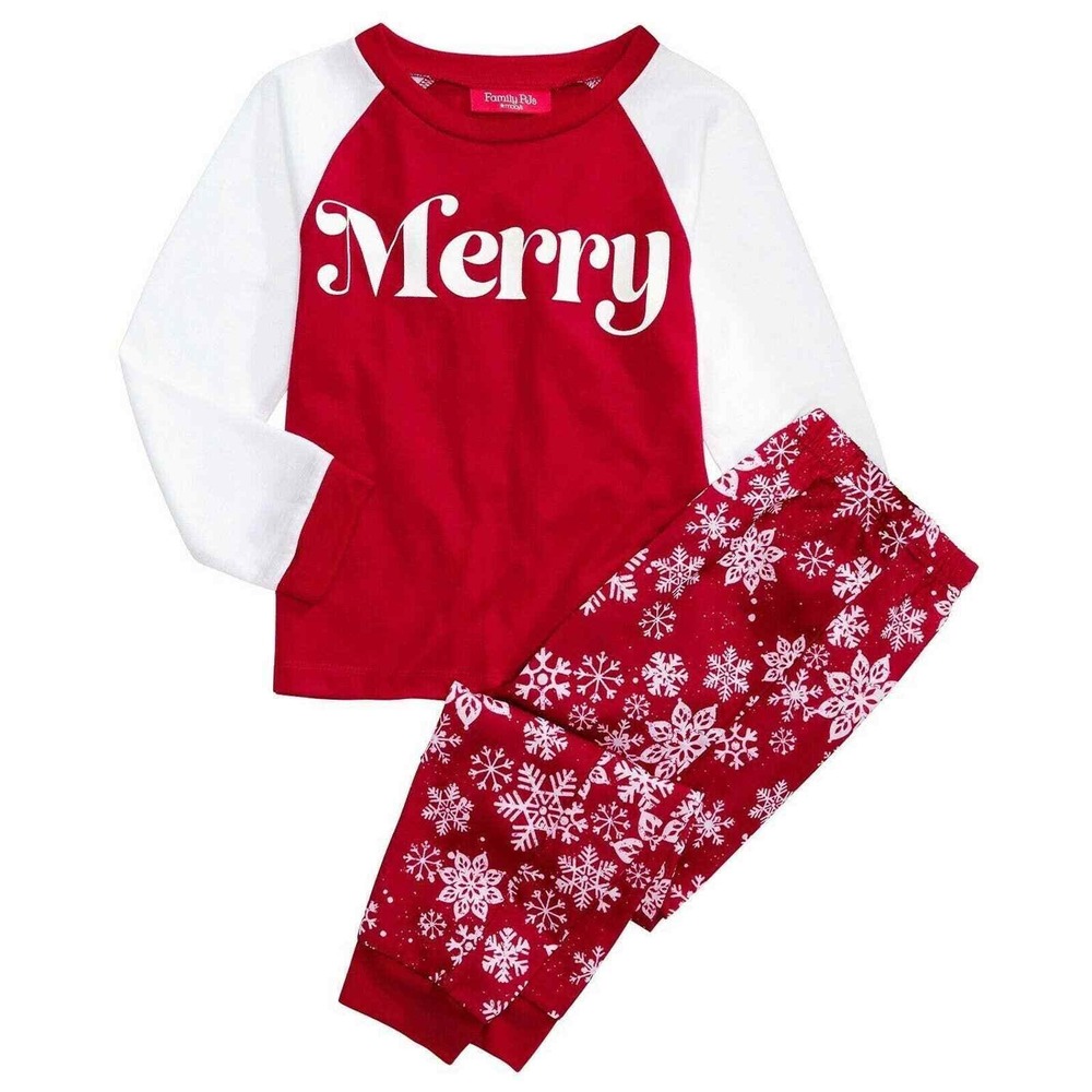 Family Pajama Kids Unisex Sz XS 4-5 Merry Snowflake Red 2PC PJ Set Christmas